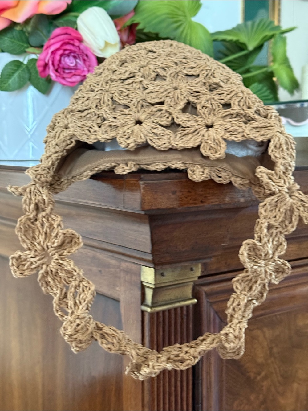 Summer Hand-Crocheted Floral Bucket mini Bag in Natural Tan